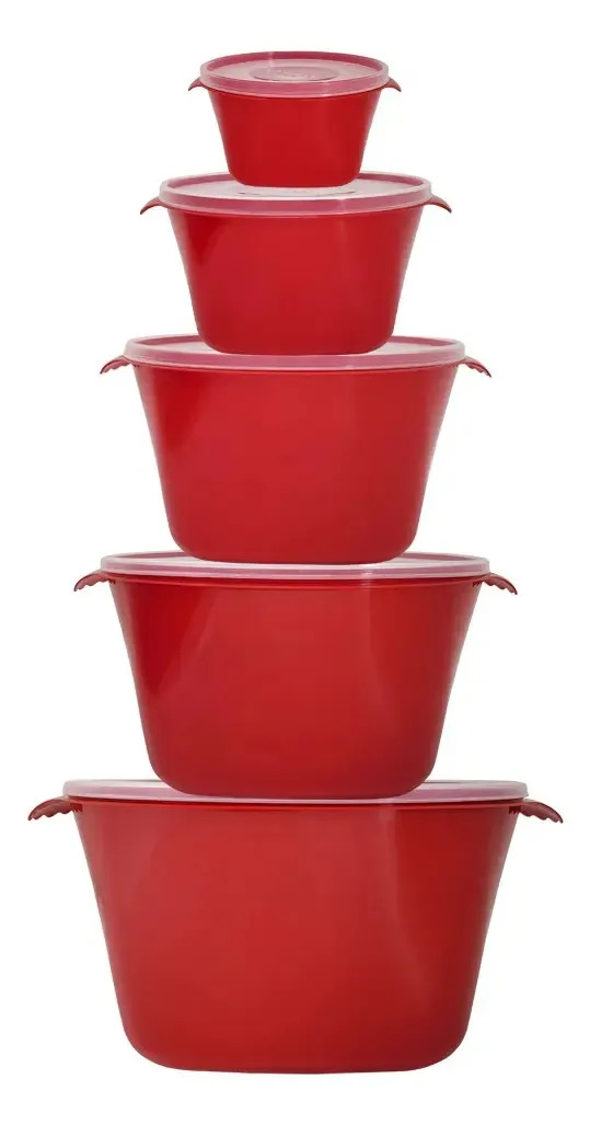 Kit Potes Bacias Livre De Bpa Com Tampa 5 Tamanhos Cor Vermelho
