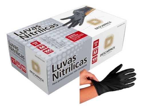 Luva Nitrílica Sem Pó Preta Tamanho M Antiestática 100 Unid