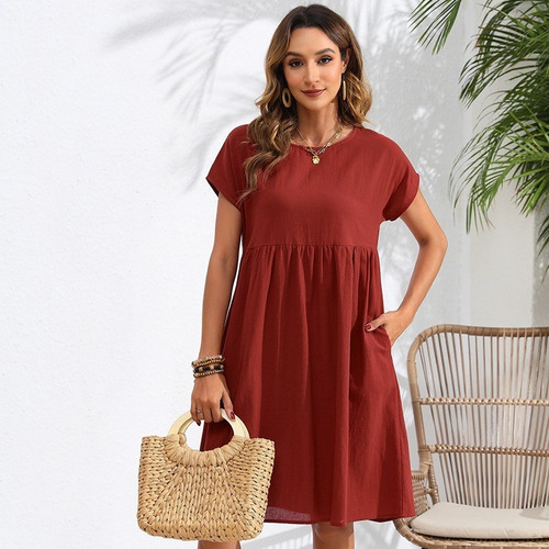 Elegante Vestido Corto Holgado Con Cuello En O Liso