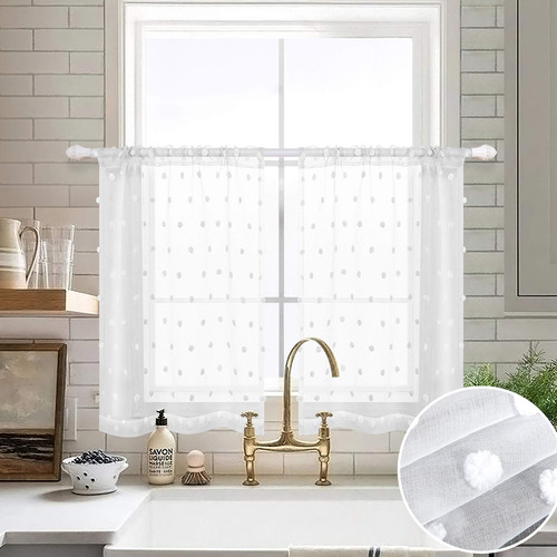 Cortinas Cortas Traslucidas Diseño De Pompones Color Blanco