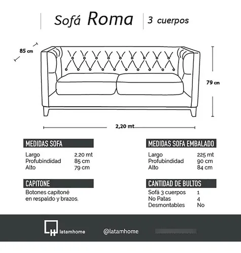 Sofa Roma 3 Cuerpos Tela Velvet - Latam Home