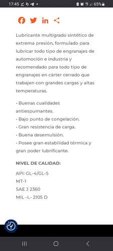 Aceite Lubricante Caja De Cambios 75w80 Endurasyn Español