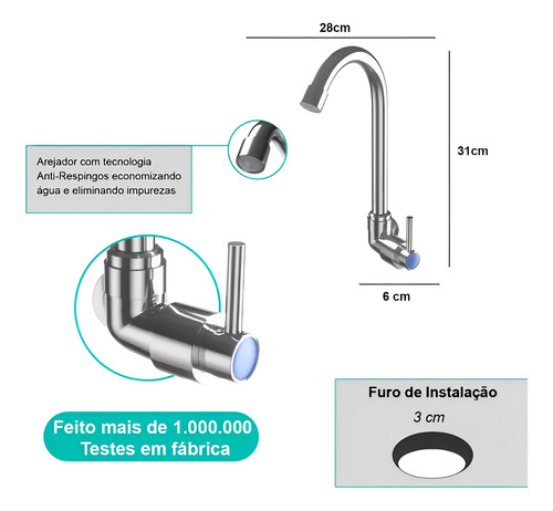 Torneira Para Cozinha Parede De Abs Plástico Cromado Com Agua Fria Monocomando Giratória Alta Pressão Arejador Gourmet Moderna Simples Bica Grande Rotativa Esperta Móvel Flexível Pia Mesa Resistente