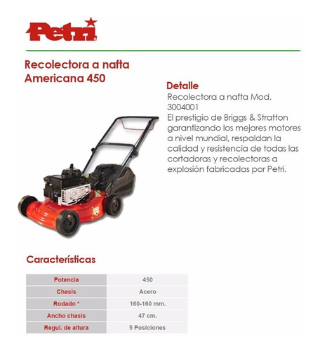 Cortadora De Cesped Petri 4.5 Hp Naftera Con Bolsa Rigida