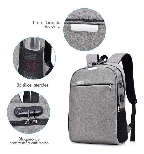 Imagen 3 de 8 de Mochila Gris Impermeable Y Antirrobo Con Conector Usb