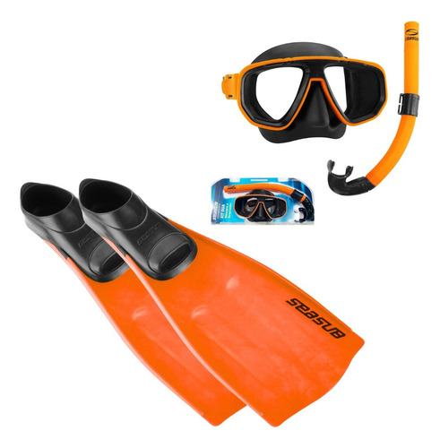 Kit Mergulho Completo Máscara Snorkel Nadadeira Pé De Pato Seasub - Vidros Temperados Intercambiáveis Cor Laranja | 39/41