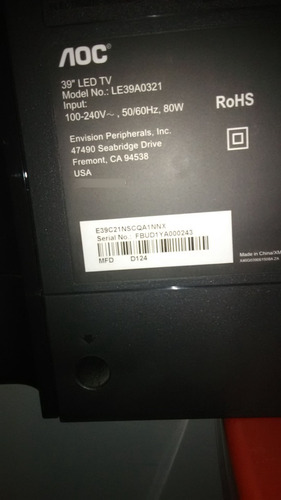Imagen 1 de 2 de Televisor Led Aoc. 39 . Pantalla Partida.