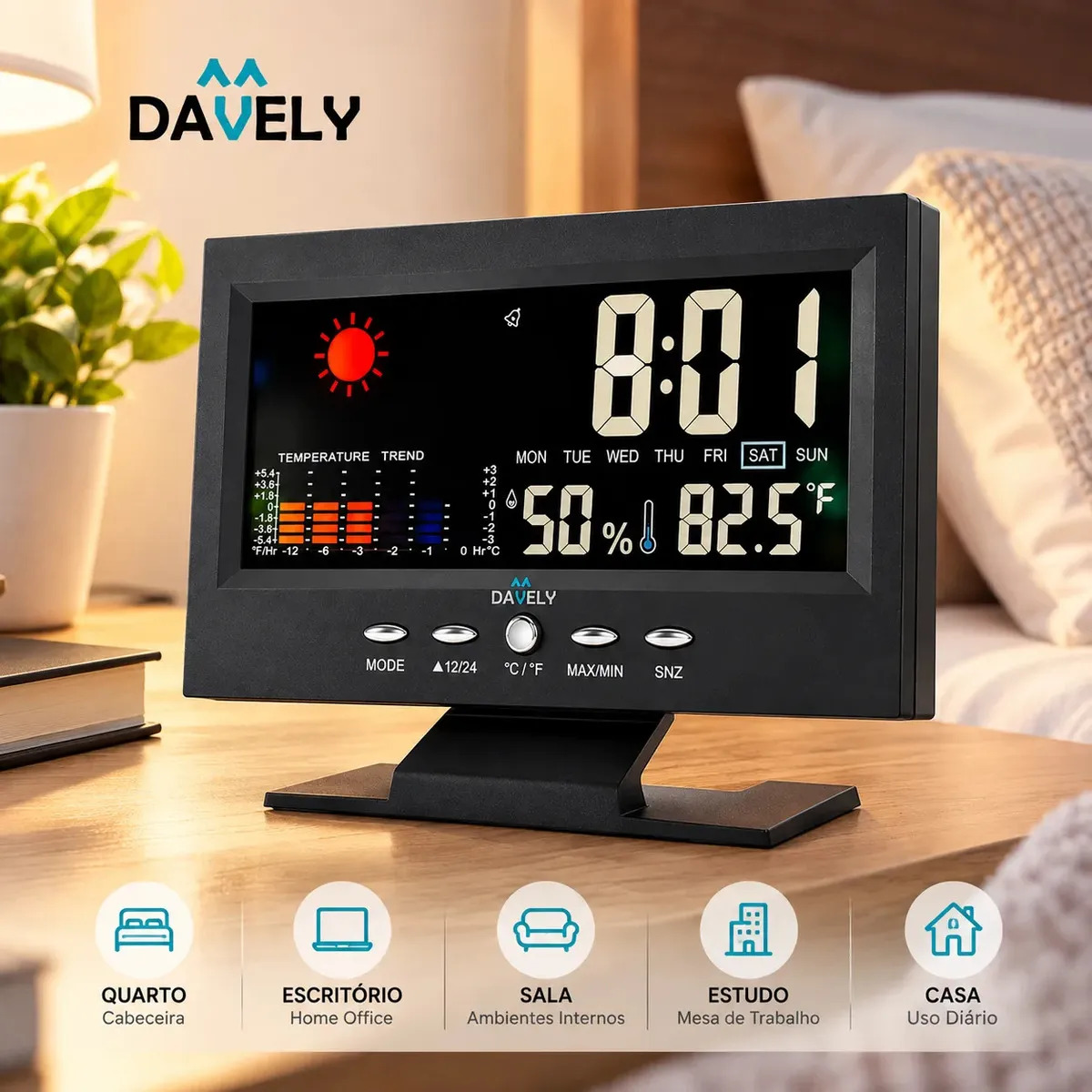 Relógio Digital De Mesa Despertador Termômetro Higrômetro Temperatura Umidade Calendário Alarme Snooze Display Grande 12/24h °C/°F Para Quarto Cabeceira Escritório Casa Preto Davely