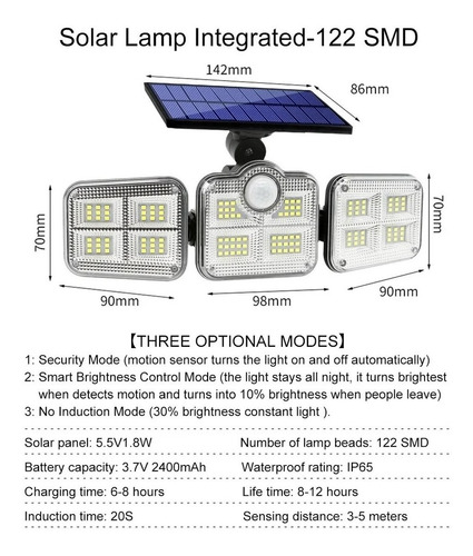 Imagen 5 de 8 de Foco Led Triple Solar Luminaria Sensor Movimiento + Control