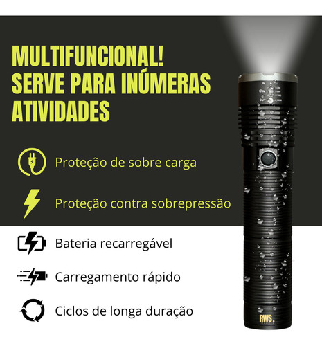 Rws Lanterna Tática Militar Recarregável Super Potente Com Zoom 2000 Lúmens Luz Branca Cor Preta 2 Km