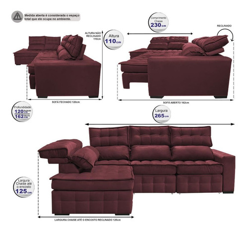 Sofá De Canto Esq 2,65x2,30 Retrátil Pocket Cama Inbox Nobre Cor Vinho