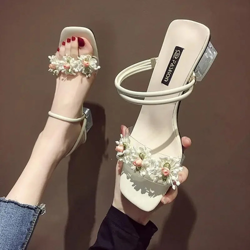 Sandalias Florales De Tacón Grueso Para Mujer, Zapatos Versá