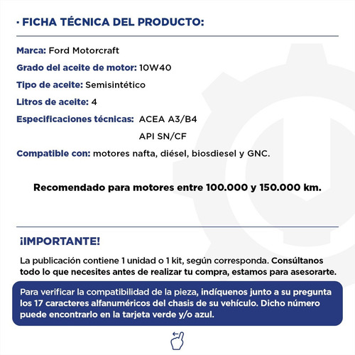 Imagen 2 de 9 de Aceite Ford Motorcraft 10w40 Semisintetico X 4 Lts.