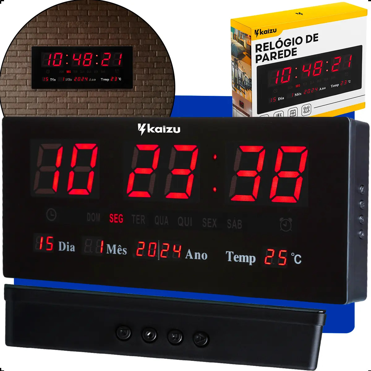 Relógio de Parede Digital Grande Kaizu LED Vermelho Temperatura Alarme Bivolt