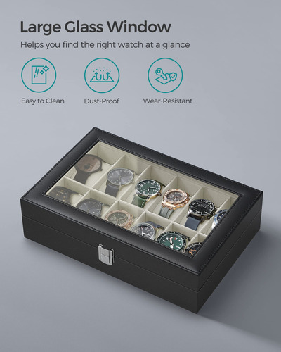 Watch Box Songmics De 12 Ranuras Con Tapa De Cristal Y Cojin