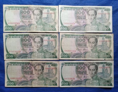 6 Billetes De 200 Pesos Cafeterito, Año 1975, Estado 5, 