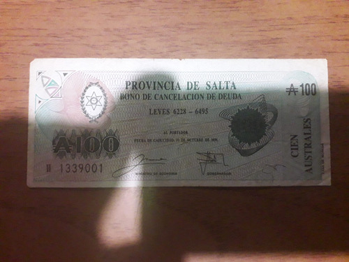 Billete Bono Cancelación Deuda Provincia Salta 1991