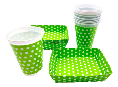 Kit Fiesta Vasos Y Platos Polka Neon Verde X 12 Units