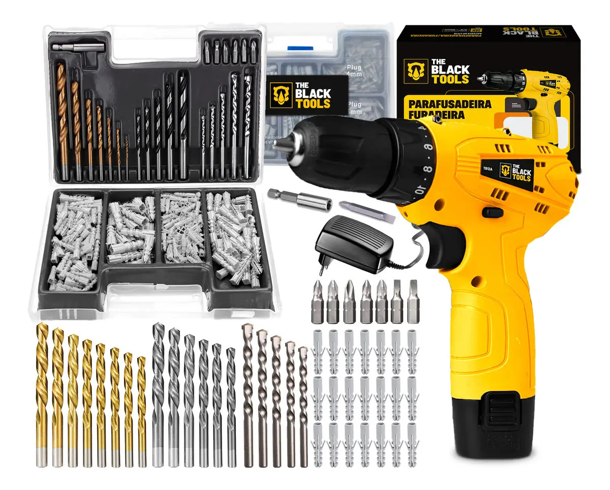Furadeira Parafusadeira Bateria + Jogo Ferramentas 300 Peças Cor Amarelo
