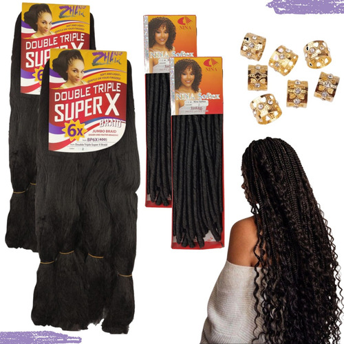Kit 2 Jumbo Gypsy Braids Super X Trança +2 Nina Softex Anéis Cor Preto #1