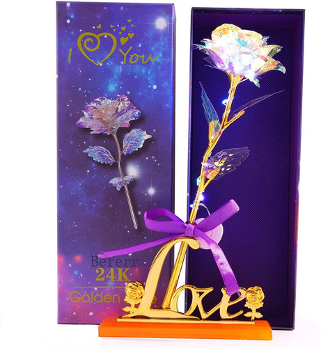 Flor Luz Led De Colores Ramo De Rosas 24k Caja De Regalo