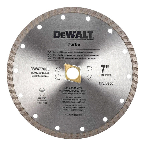 Disco Diamantado Turbo Dewalt 7 180 Dw47700lprofesi.+ 2 Lija Color Gris