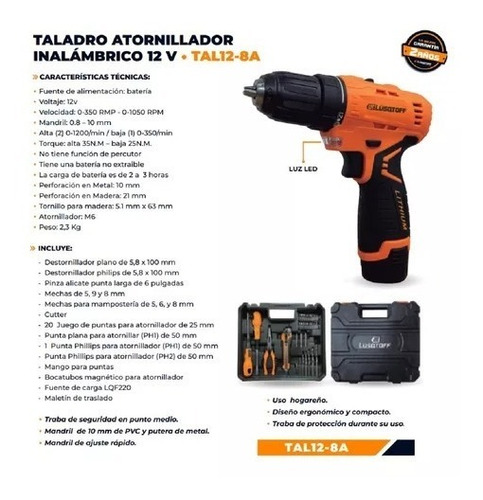 Imagen 6 de 10 de Taladro Atornillador Inalámbrico 12v Lusqtoff C/maletín+acce
