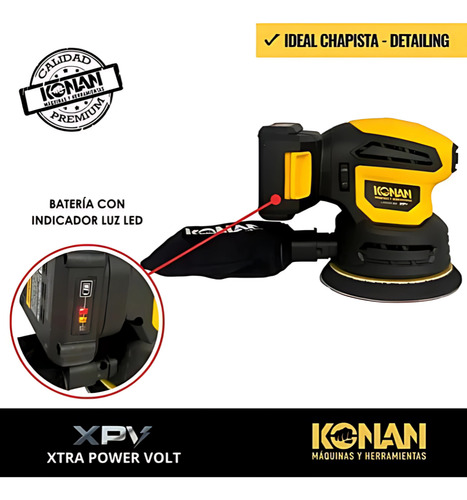Lijadora Konan Roto Orbital A Batería 20v Xtra Power Volt Amarillo 50