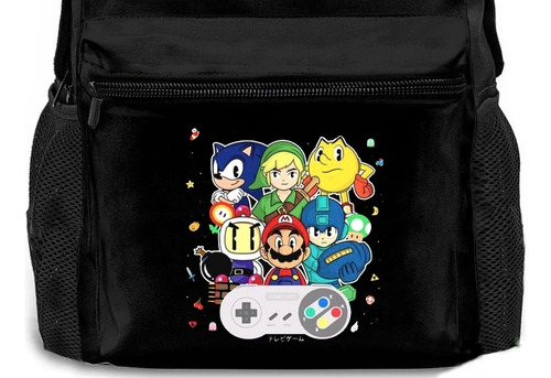Mochila Retrô Gamer Games Compartim Notebook Garrafa Água M2 Cor Preto