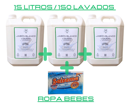 Jabón Blanco Líquido Mv 15l Ropa Bebés Neutro + Seiseme