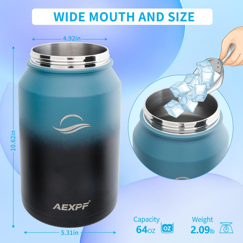Aexpf Botella De Agua Aislada De 64 Oz Con Tapa De Tres Usos