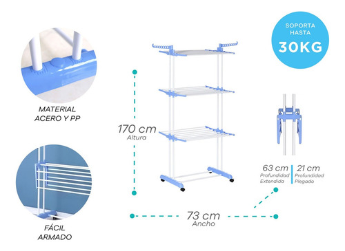 Tender Vertical Para Ropa Con Ruedas Plegable 3 Niveles 40kg Azul Acero