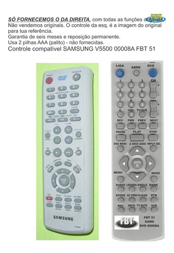 Controle Compatível Samsung Dvd Vcr Grav V5500 00008a Fbt 51