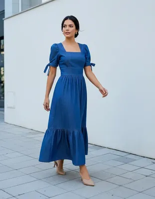 Vestido Jeans Midi Manga Com Detalhe Moda Evangélica