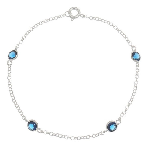 Pulseira Feminina Prata 925 Azul Com Zircônia Charme Comprimento 19 Cm