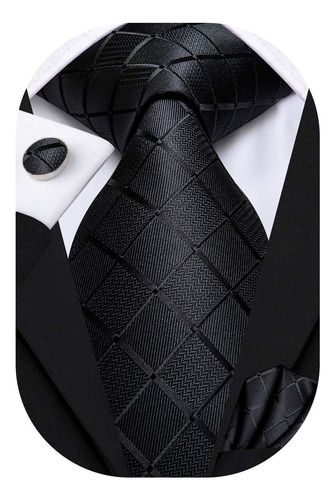 Set De Corbata , Panuelo Y Gemelos Hi-tie Seda Black Plaid