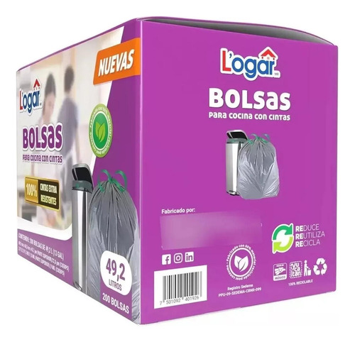 Bolsas De Plastico Basura 200 Piezas 49.2lt. Logar