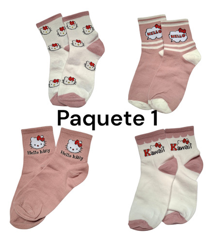 Calcetas Hello Kitty Paquete De 4 Pares Diferentes Blanco Estampado Unitalla