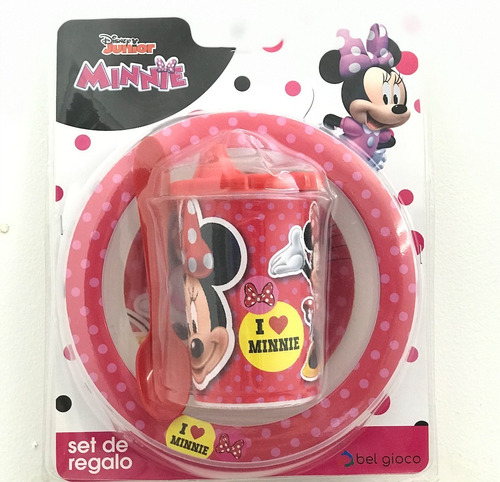 Set Bowl Vaso C/ Tapa Tomadora Cuchara Plastico Minnie Mouse