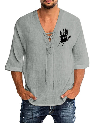 Henley Shirt For Men Lace Up T-shirts Long Sleve Novelty