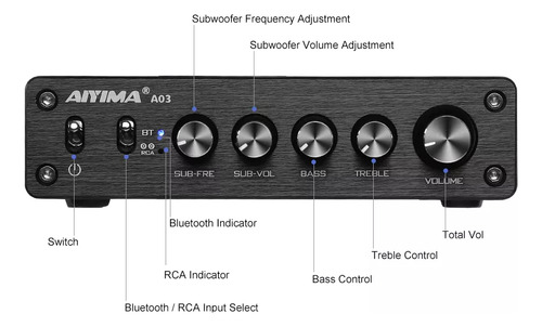 Amplificador 2.1 Bluetooth 200w 50+50+100w Aiyima A03 Preto 200 W