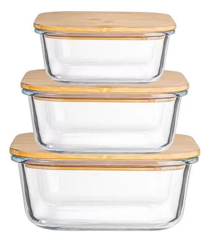 Contenedores Hermetico De Vidrio Con Tapa De Bambu Tres Tarros Cuadrados Para Despensa Wakeshome