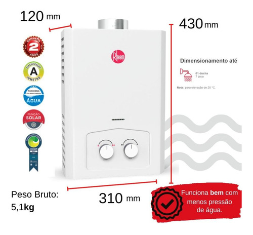 Aquecedor 7 Litros Mecânico Com Sensor De Fluxo Glp Rheem