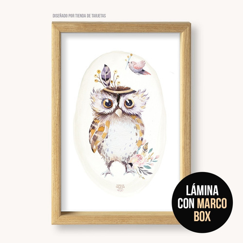 Imagen 1 de 2 de Cuadro Box De Madera Con Lámina Buho Lechuza Boho