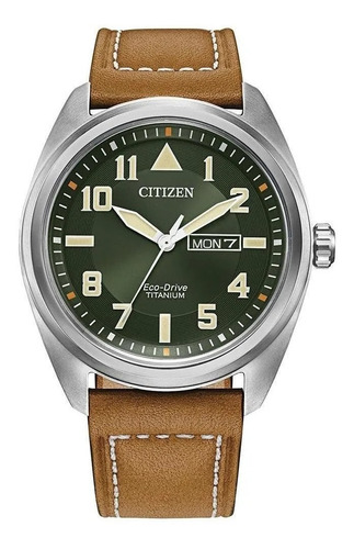 Citizen Avion Green Dial Leather Strap Bm8560-02x . Dcmstore Color de la correa Café Color del bisel Plata Color del fondo Verde