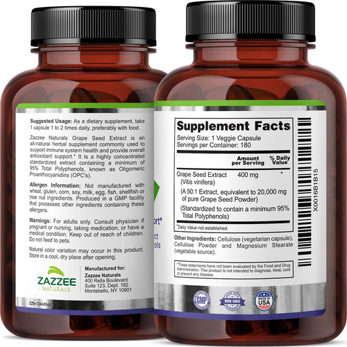 Zazzee Extracto De Semilla De Uva 20.000 Mg De Fuerza, 180 C