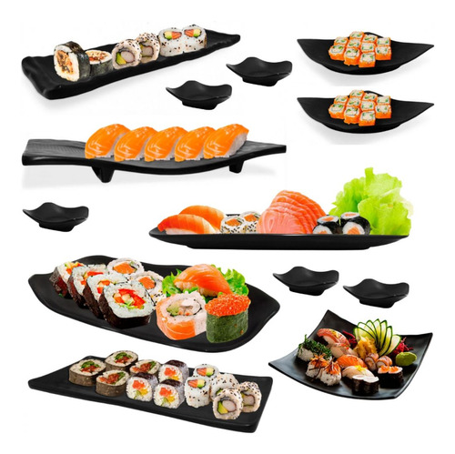 Kit Sushi 13 Peças Travessas E Pratos Em Melamina / Plástico