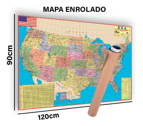 Mapa Estados Unidos Eua Politico 120 Cm X 90 Cm Enrolado 