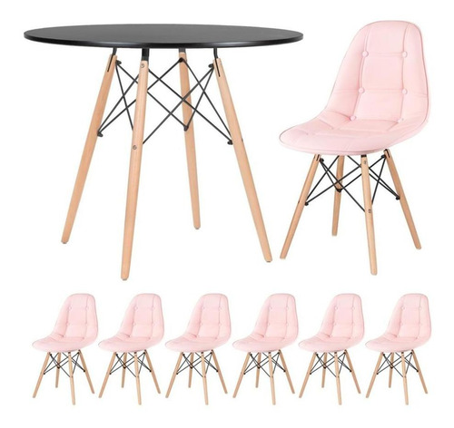 Mesa Jantar Eames 90 Cm 6 Cadeiras Estofada Botone Coloridas Cor Mesa Preto Com Cadeiras Rosa