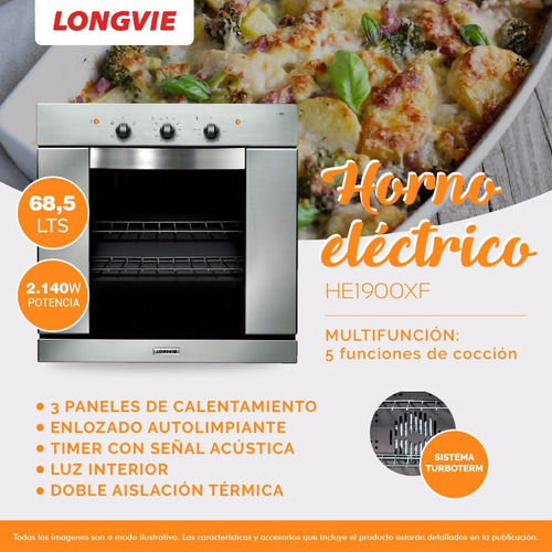 Imagen 3 de 4 de Horno Eléctrico Longvie He1900xf 5 Funciones 2140w 12cts